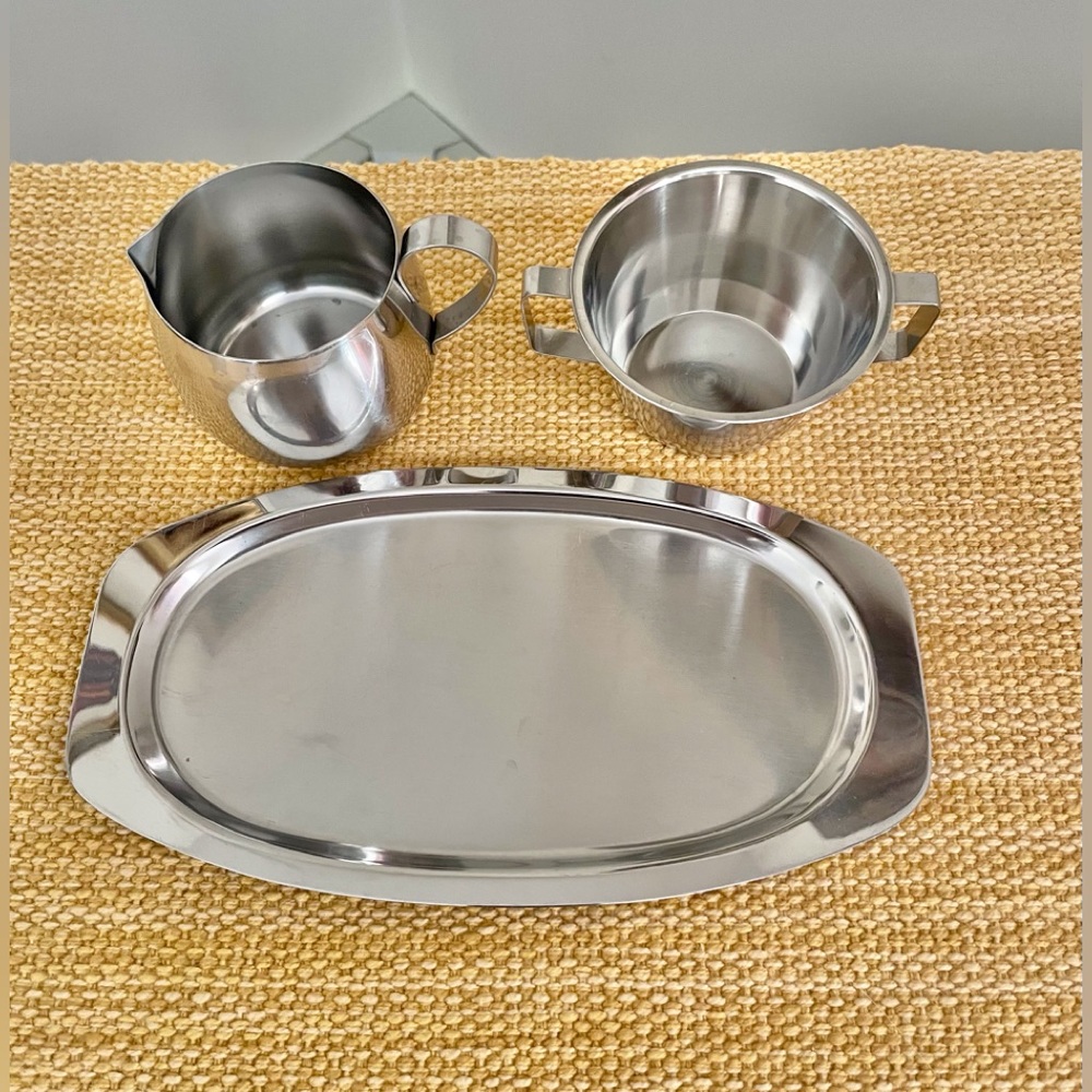 Vintage Lundtofte Danish Stainless Cream and Sugar, and Tray
